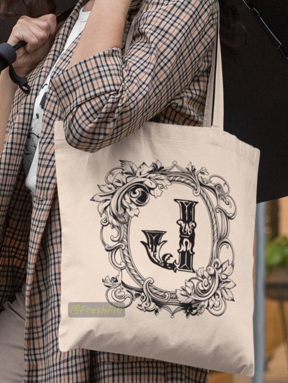 🆕Letter J Ornate Initial Natural Canvas Tote Bag
